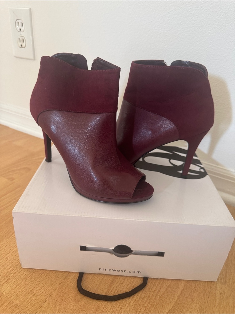 Nine West Burgundy Peep-Toe Leather & Suede Ankle Boot heels